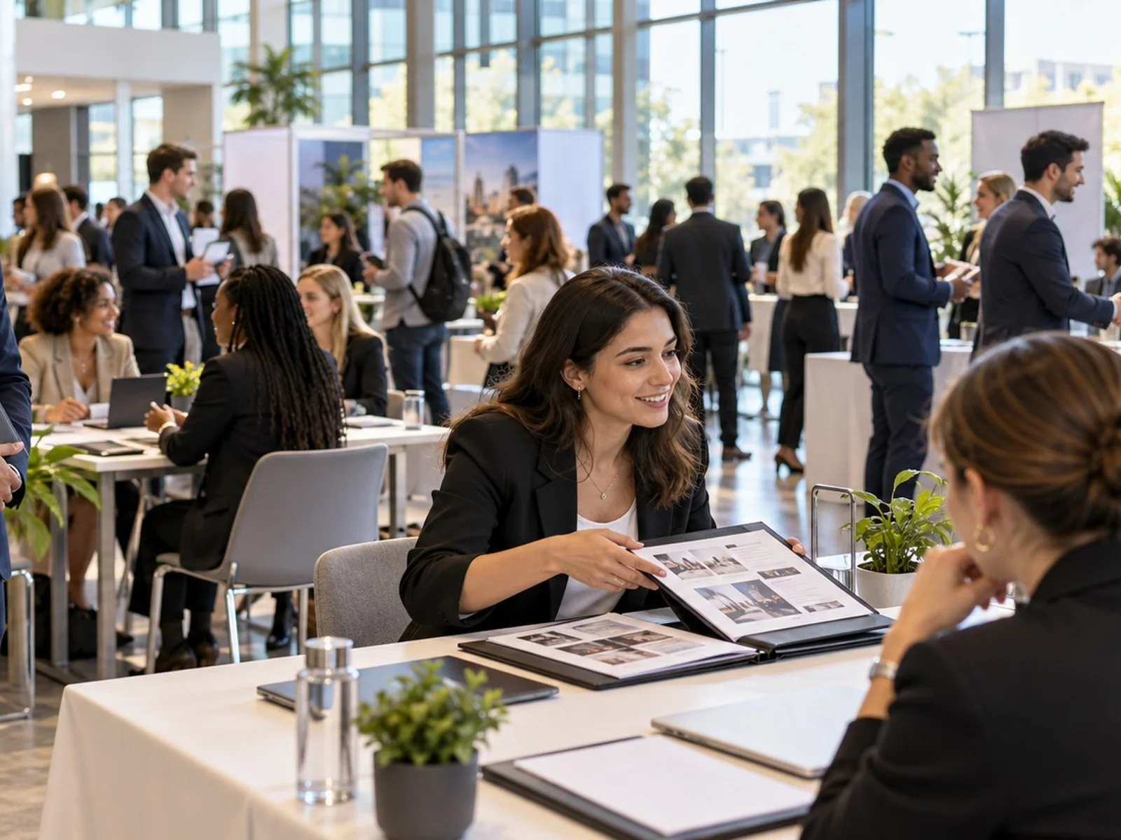 Salle de salon emploi en ville, grande table d'accueil donnant sur l'entrée