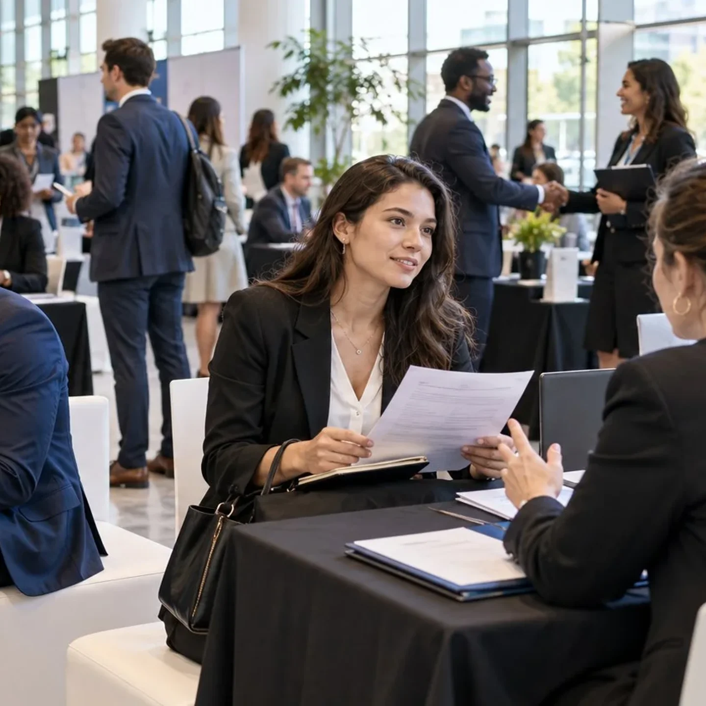 Façade d’un forum emploi en plein air : stands montés devant les visiteurs et documents de candidature sur les tables.